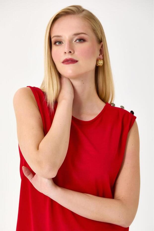 Yuvarlak Yaka Tek Omzu Düğme Detaylı Bluz 245-1006 - 4