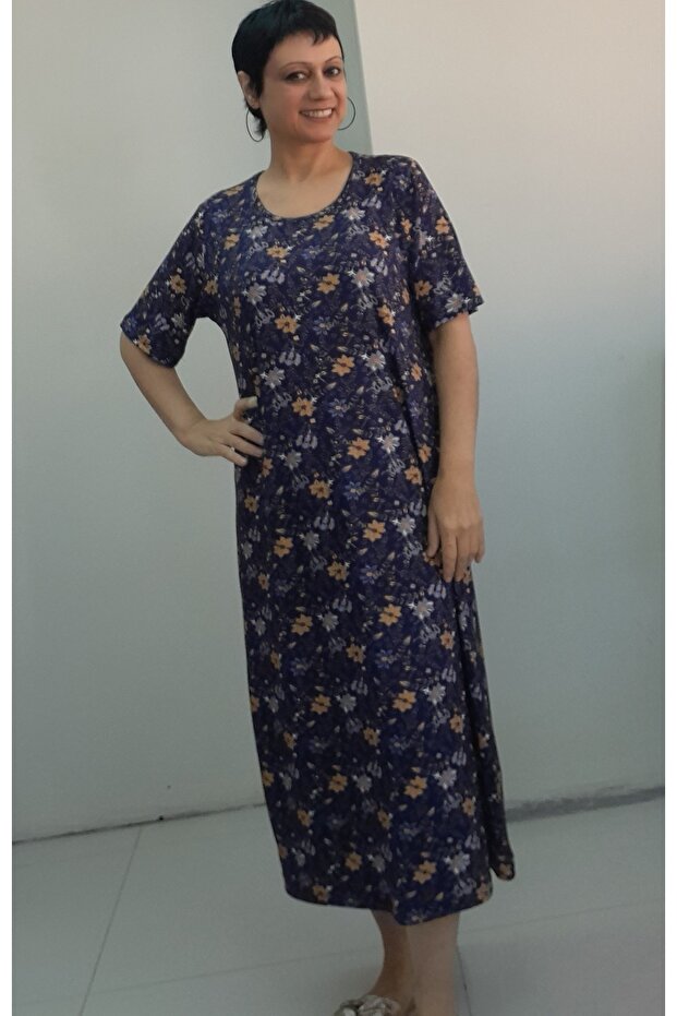 Navy Blue Floral Print Short-Sleeved Combed Cotton Viscose Dress