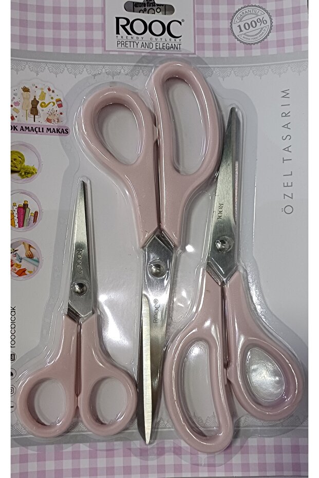 3'lü Makas Seti Çok Amaçlı Makas Seti Pembe Saplı - 1