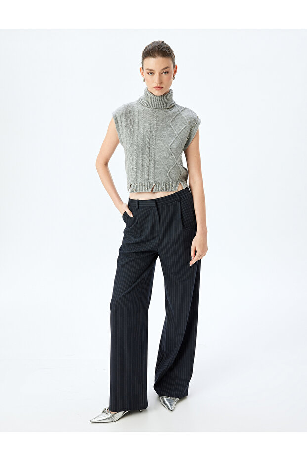 Frayed Detailed Turtleneck Rhinestone Hair Knit Sweater