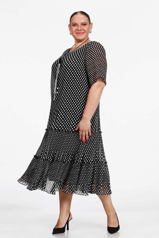 Piliseli Puanlı Şİfon Elbise - Siyah - 5