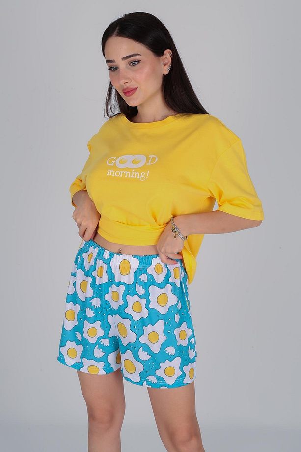 Kadın Çok Renkli Yumurta Desen Tişört Şort Pijama Takımı - 3