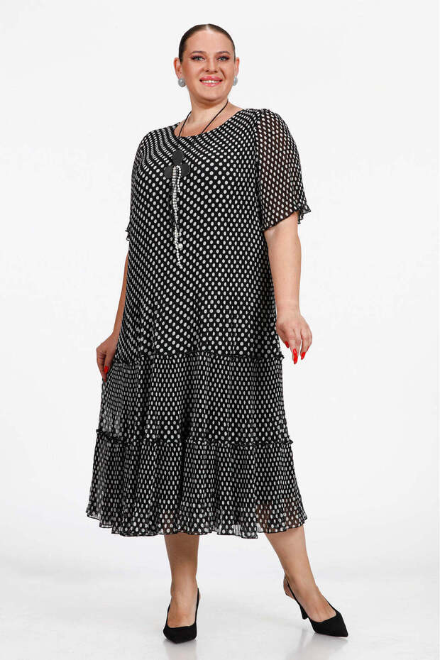 Piliseli Puanlı Şİfon Elbise - Siyah - 2
