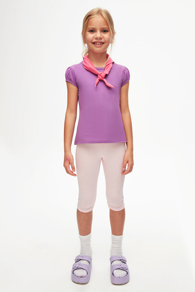 Light Purple Basic Girl's Crew Neck Watermelon Sleeve T-Shirt