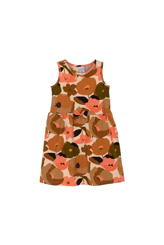 Salmon Retro Flowers Girls Print Sleeveless Dress