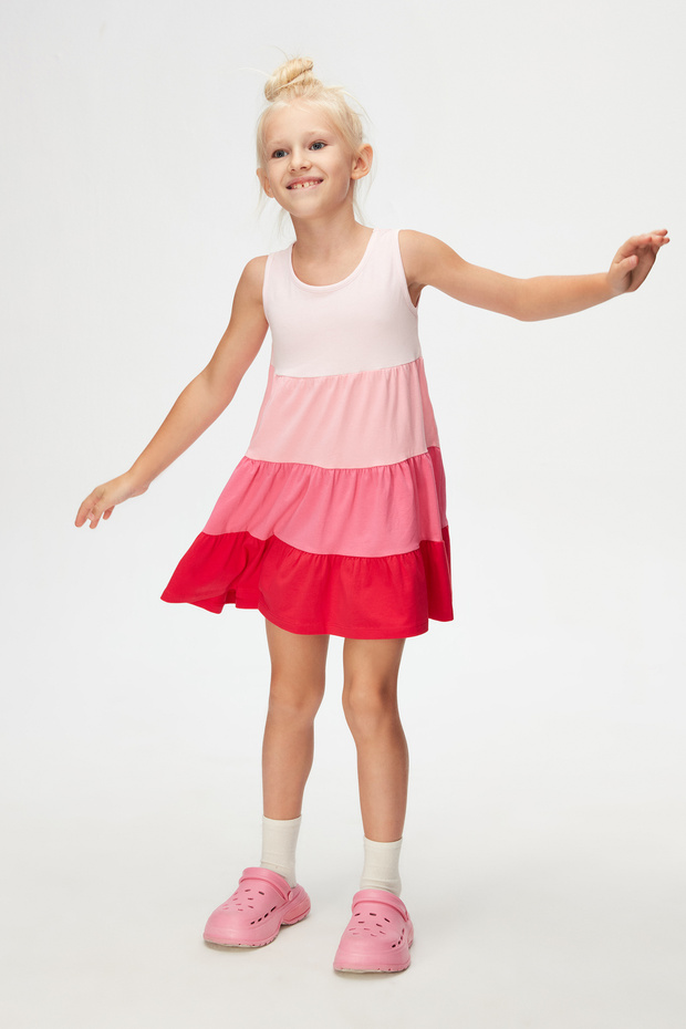 Uçuk Pink-Fuchsia Layered Colorful Girls' Drawstring Strap Dress