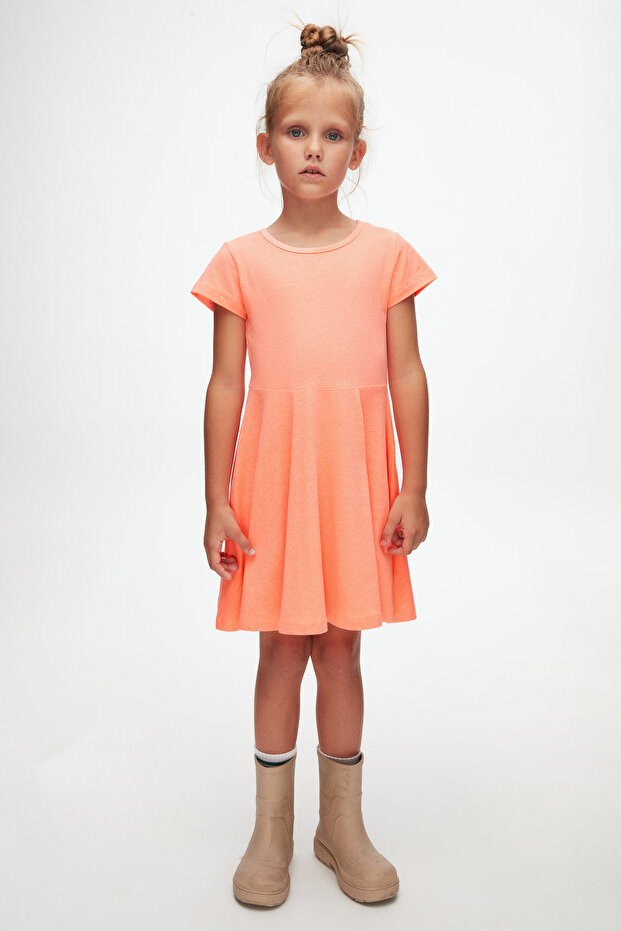 Phosphor Orange Colored Basic Girls' Short Sleeve Dress
