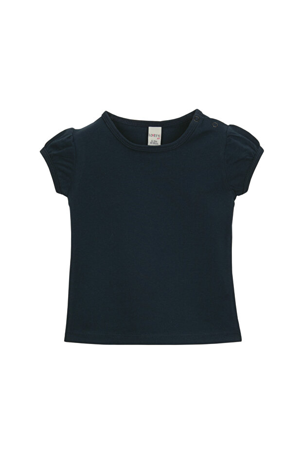 Dark Navy Blue Basic Baby Girl Snap Zero Neck Watermelon Sleeve T-Shirt