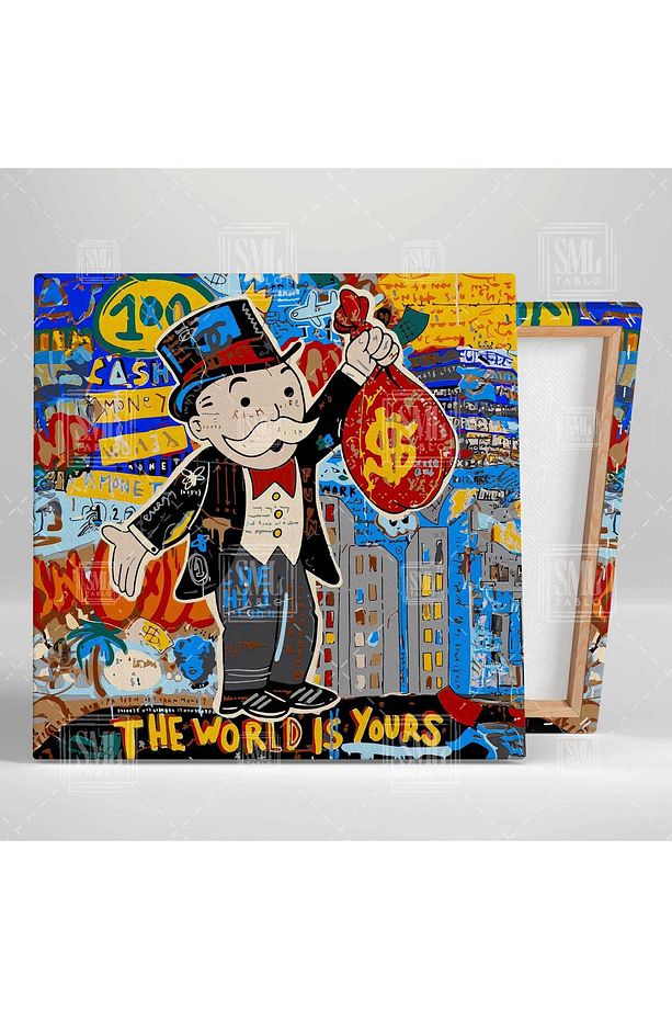 Elinde Kırmızı Dolar Kesesi Tutan Monopoly Adam The World Is Yours Kare Kanvas Tablo - 2