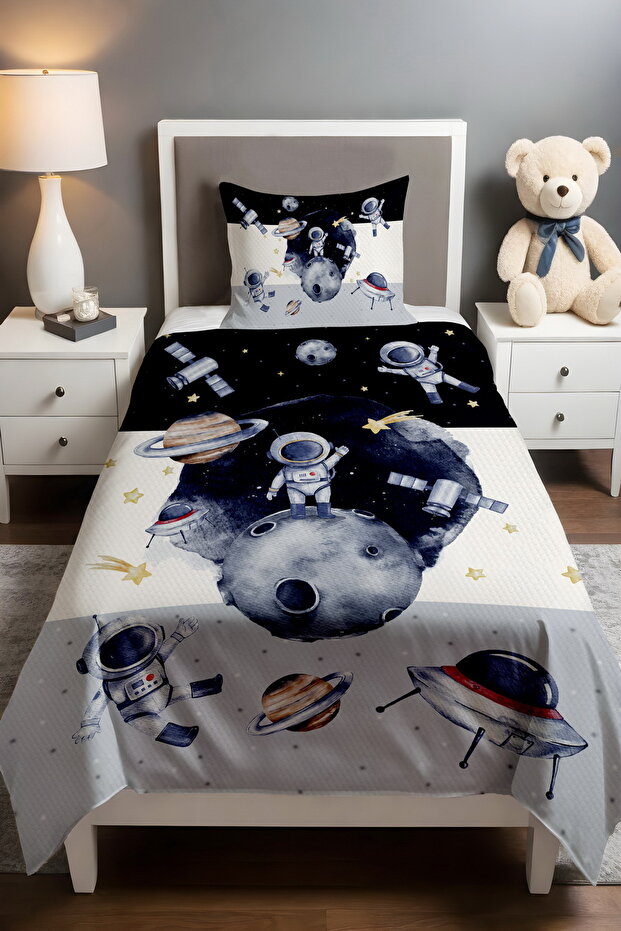 Navy Blue Gray Adventurer Astronaut Patterned Pique Set