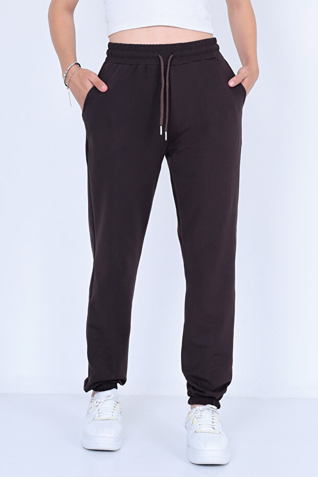 Women's Brown Plus Size Jogger Cotton Lined Winter Sweatpants with Elastic Waist and Cuffs in Diver Fabric