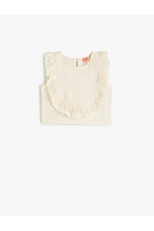 Linen Blouse Sleeveless Round Neck Ruffled Scallop Detailed