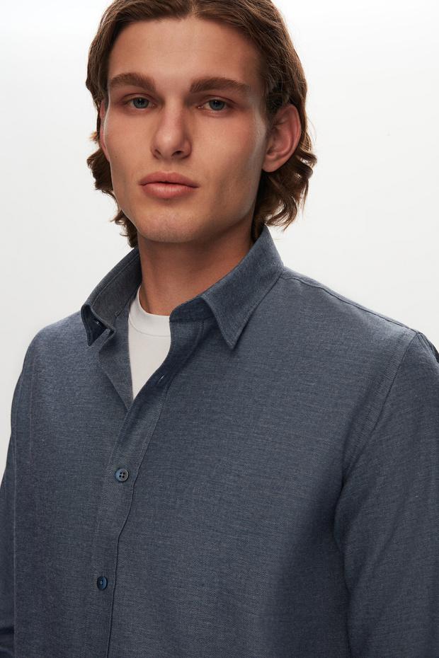 Slim Fit Mavi Pamuk Karışımlı Gömlek - 2