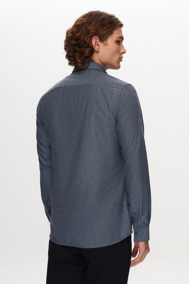 Slim Fit Mavi Pamuk Karışımlı Gömlek - 3