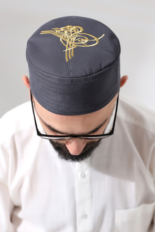 Gray Quilted Ottoman Tughra Embroidered Patterned Prayer Cap