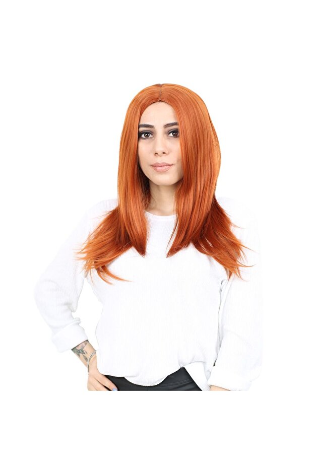 شعر مستعار مستقيم متوسط ​​الطول من الألياف بدون غرة / نحاسي - 1