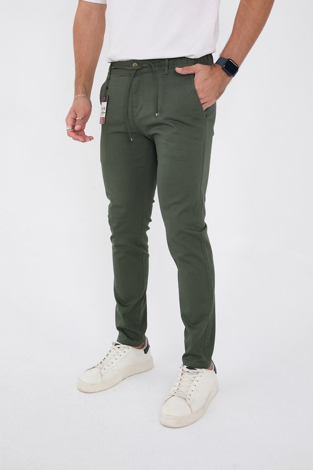 Men's Seasonal Jogger Slimfit Mold Waist Half Elastic Lycra Khaki Linen Trousers