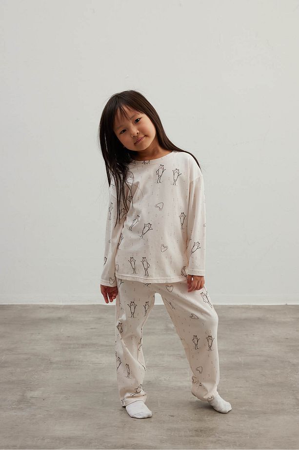 Kız Çocuk Pamuklu Uzun Kollu Pijama Takımı - 1