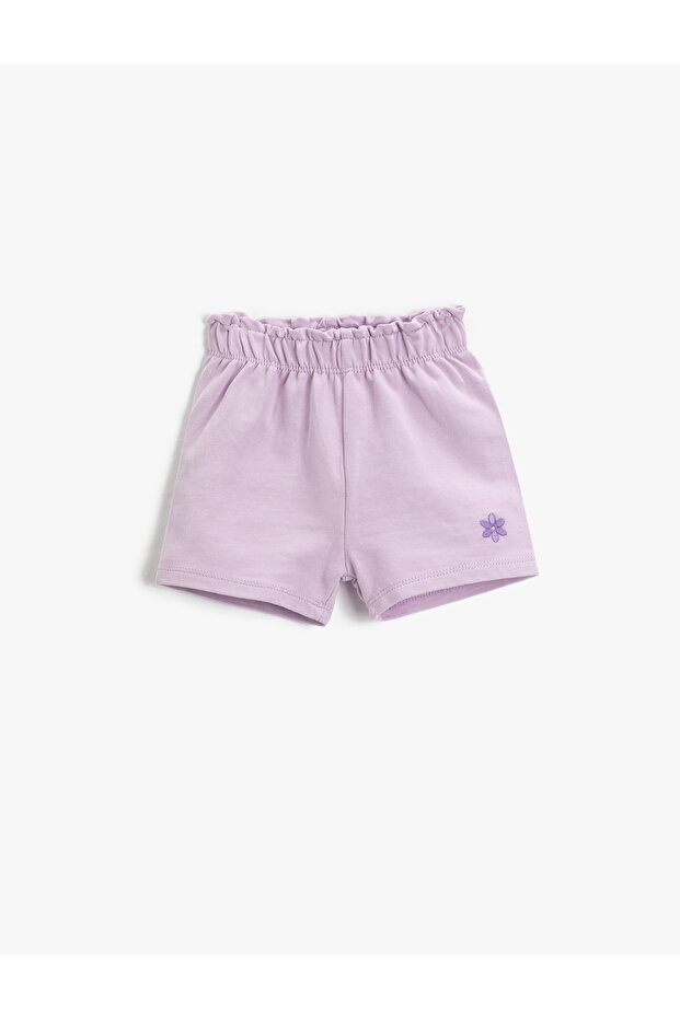 Basic Shorts with Elastic Waist and Embroidery Detail Cotton