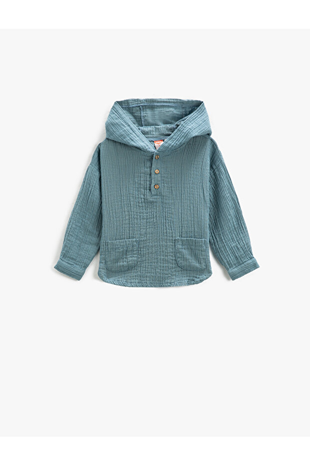 Muslin Sweatshirt Hooded Long Sleeve Buttoned Pocket