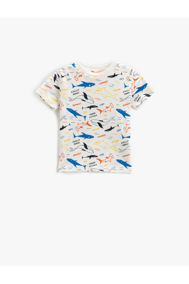 T-Shirt Short Sleeve Crew Neck Shark and Whale Print