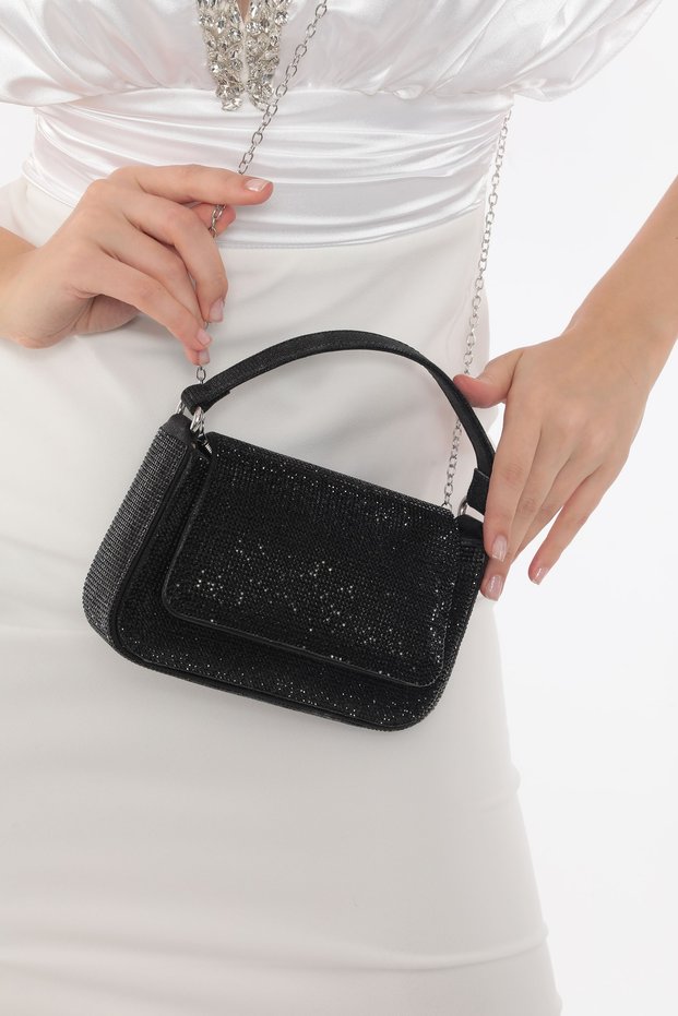 Black Color Stoned Shoulder Strap Stylish New Season Women's Evening Dress Portfolio Wedding Clutch Bag