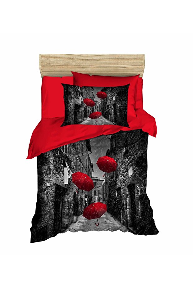 Street Scenery Red Umbrellas Single Young Bedding Set