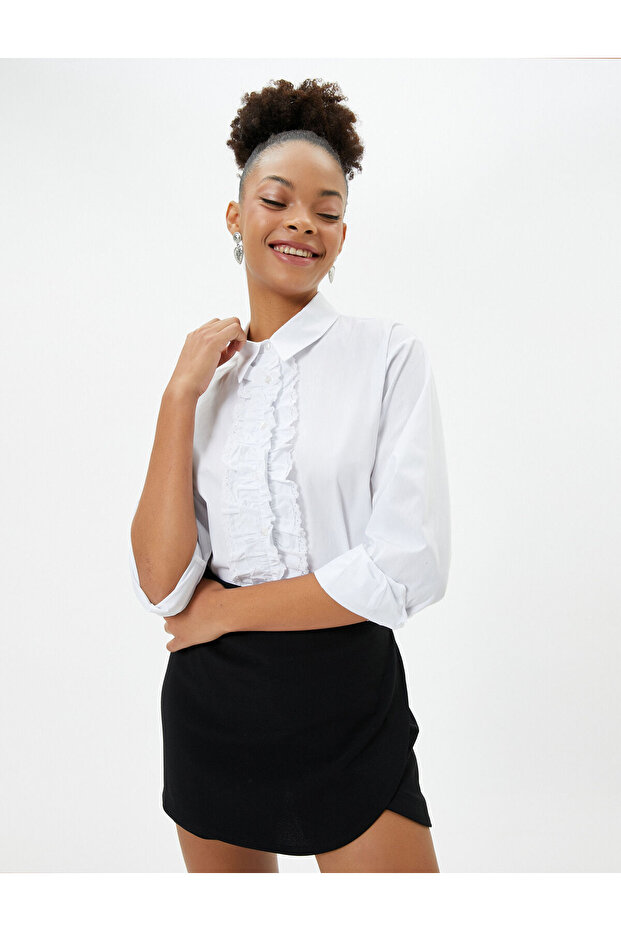 Ruffle Shirt Classic Collar Long Sleeve Cotton
