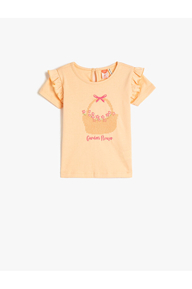 T-Shirt Short Sleeve Crew Neck Ruffled Embroidered Cotton