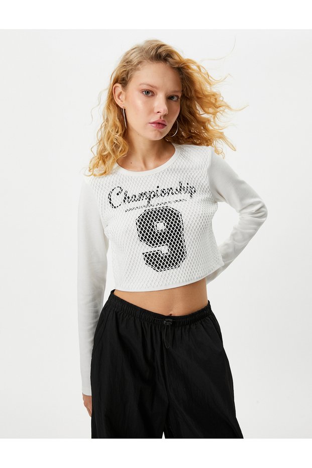 Mesh College Crop T-Shirt Long Sleeve Crew Neck Cotton
