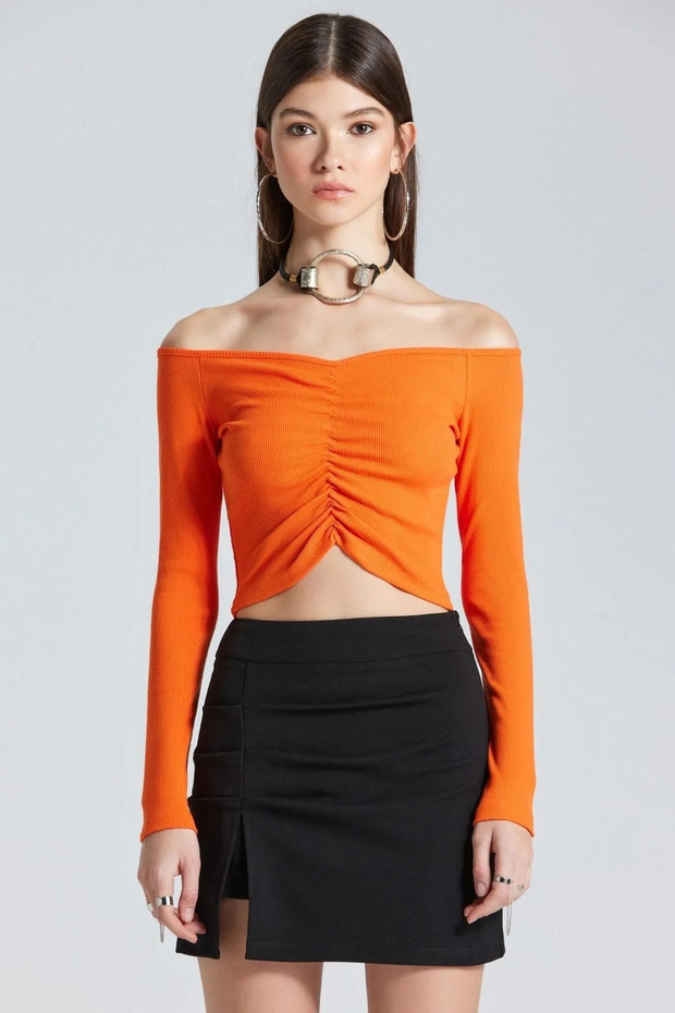 Wft1517 Gathered Front Ribbed Orange Blouse