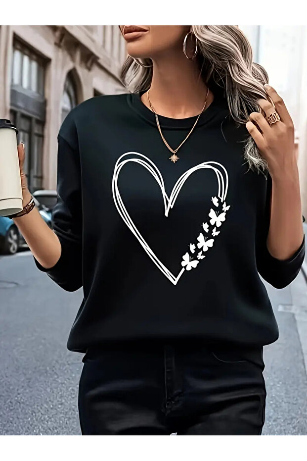Heart and Butterfly Printed Crew Neck Sweatshirt