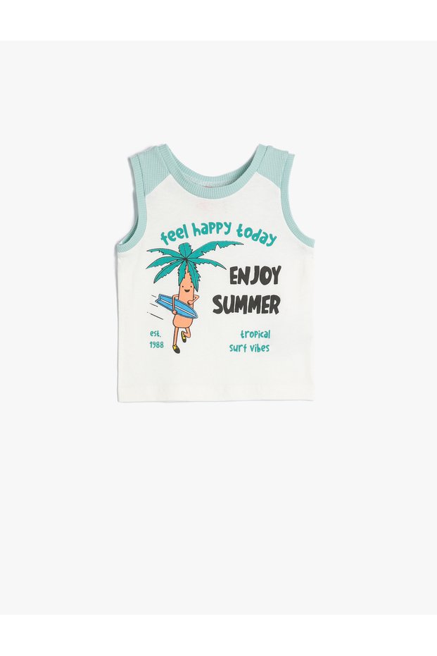 Tank Top Cotton Printed Round Collar