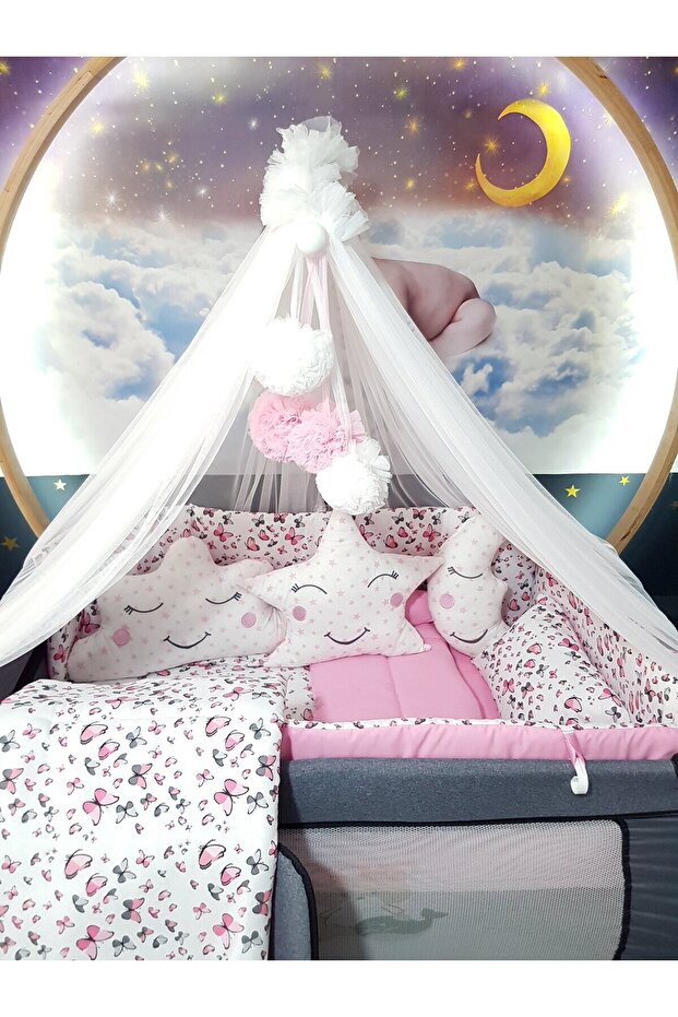 70X120 Baby Sleeping Set - Including Luxury Mosquito Net and Apparatus - Butterfly Patterned 80-P92