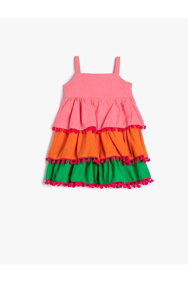 Dress Color Block Layered Strap Pompom Detailed Cotton