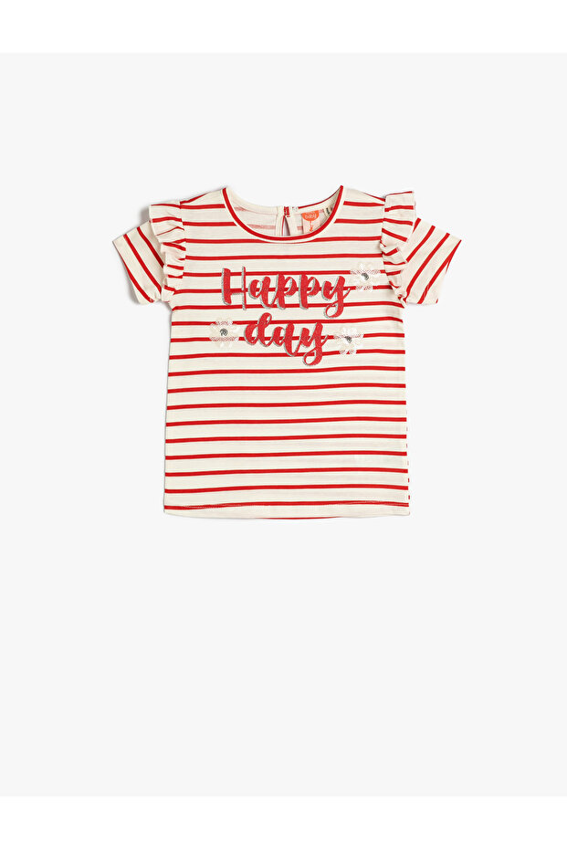 Striped T-Shirt Ruffled Sequin-Paillette Embroidered Short Sleeve Cotton