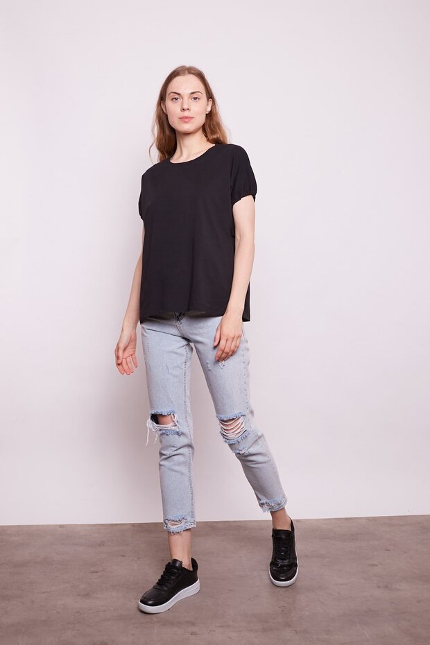 Lycra-free Cotton Wide Crew Neck Drop Shoulder Sleeves Lace-up T-shirt - black