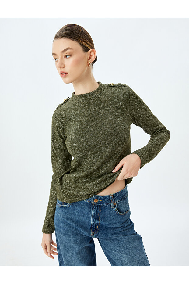 Slim Fit Metallic Thread Detailed Epaulettes Long Sleeve Lightweight Stand Collar Knitwear Sweater