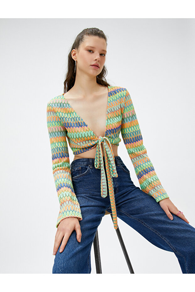 Crochet T-Shirt Long Sleeve Tie Front V Neck