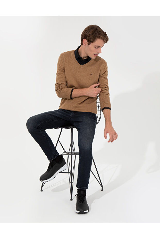 Camel Melange Slim Fit V-Neck Basic Knitwear Sweater 50248554-Vr122