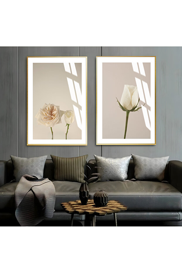 Hari̇kabi̇rev | Soft Beige Color Flowers Combination 02 | Framed Glass Table 2 Pieces Vertical