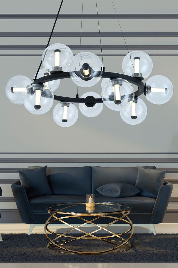 Neval 12'li Yuvarlak Siyah 13 Watt Gold Oturma Odası, Salon Sarkıt Avize - 1