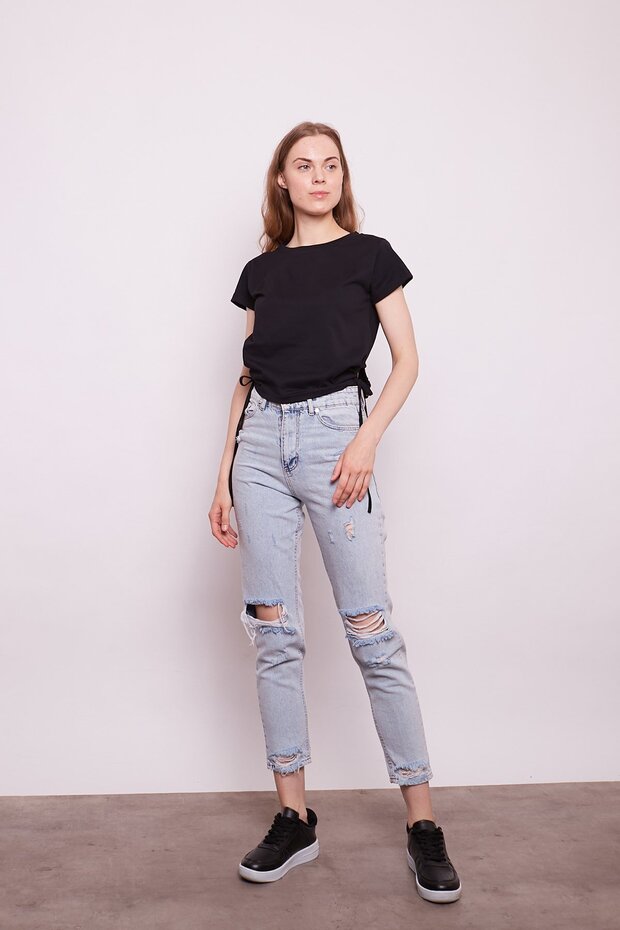 Lycra-Free Cotton Fabric Wide Zero Neckline Short Sleeve Side Tie Short Sleeve Tshirt-Black