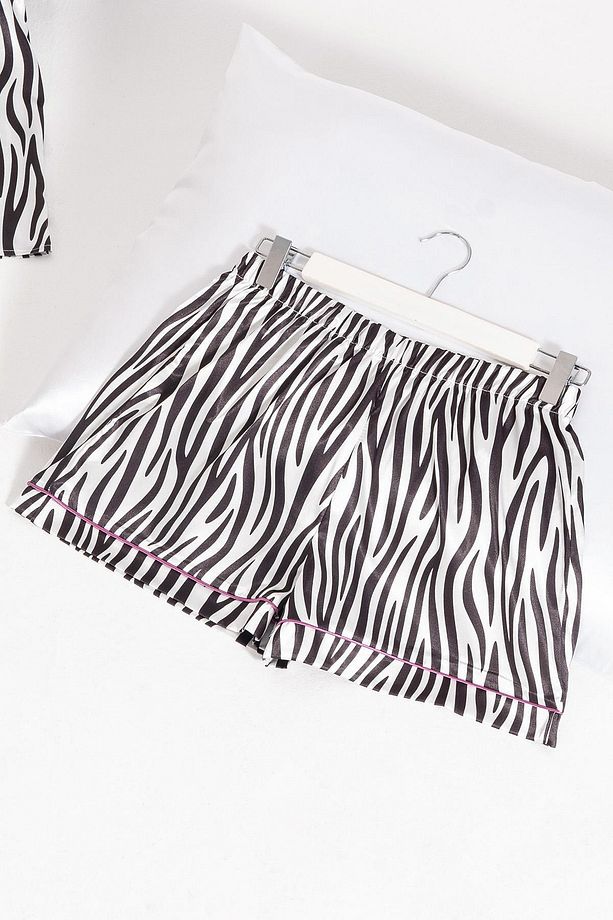 5'li Zebra Desenli Saten Pijama Şort Takım - 3