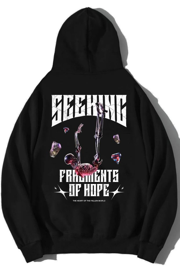 Unisex Black Hooded Oversize Seeking Back Printed Sweatshirt