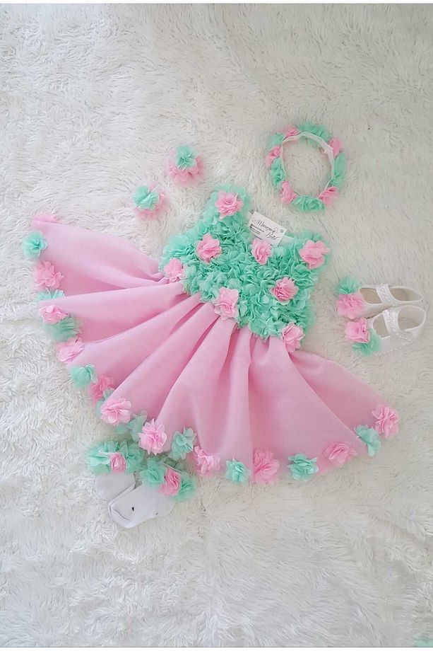 Kız Bebel Elbise Mint Pembe Lazer Çiçekli Çocuk Elbise Özel Gün Abiye Düğün Mevlit Party Elbisesi - 2