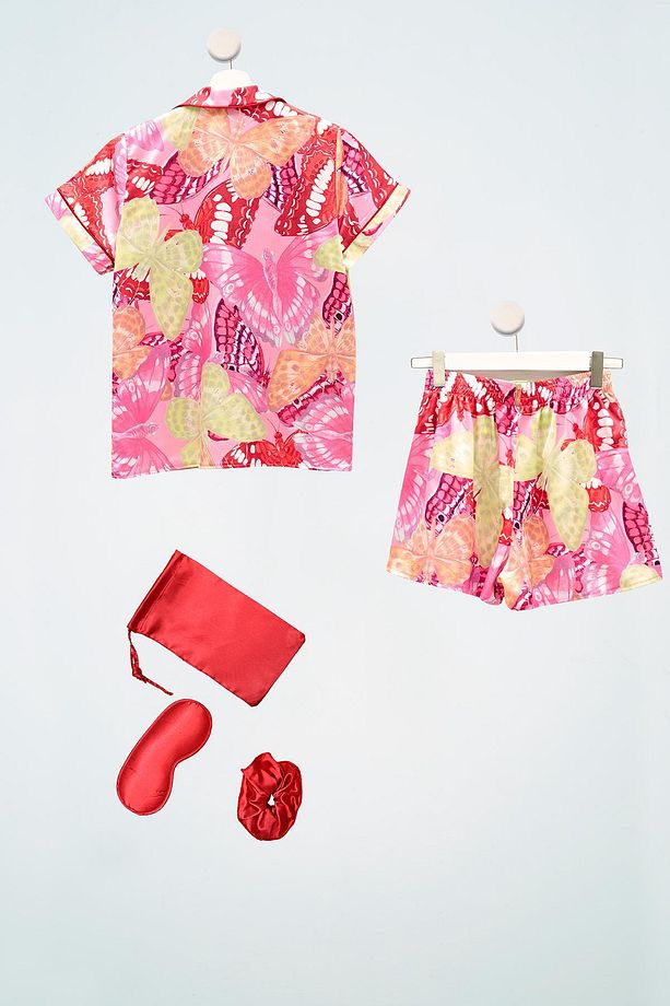 5'li Kelebek Desenli Saten Pijama Takım - 2