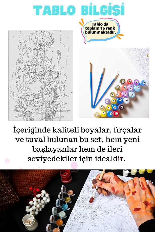 Sayılarla Boyama Çerçeveli Hobi Seti Numaralı Tuval Fırça Boya Dahil Kasnaklı SARI ÇİÇEK 40X50 Cm - 3