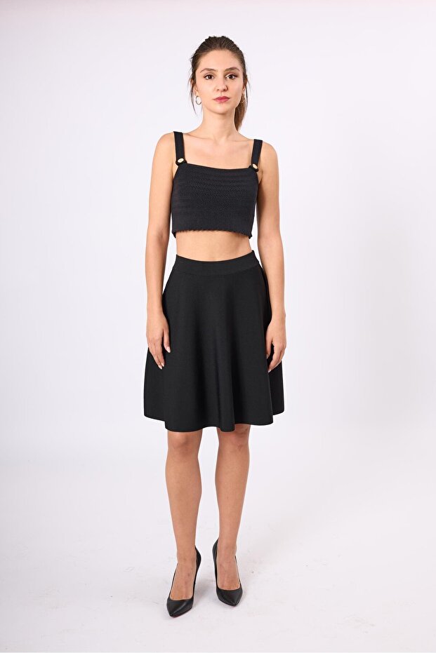 Michele Volanlı Mini Triko Etek - Siyah - 1