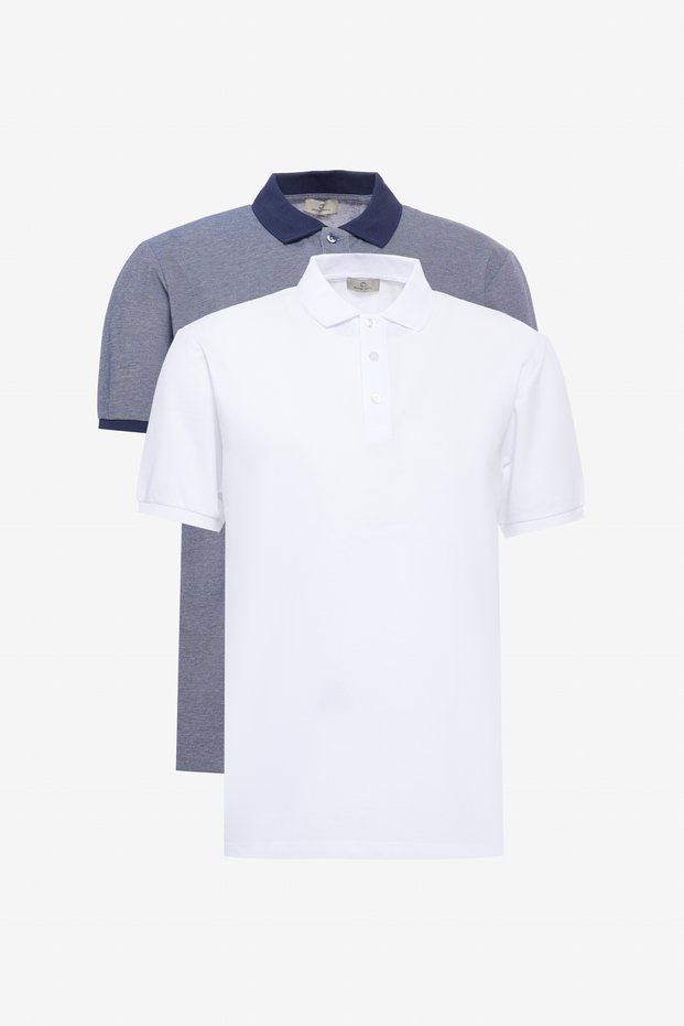 Pack of 2 Non-Shrinkable Cotton Fabric Slim Fit Slim Fit Men's White-Navy Non-Curling Polo Collar T-Shirts